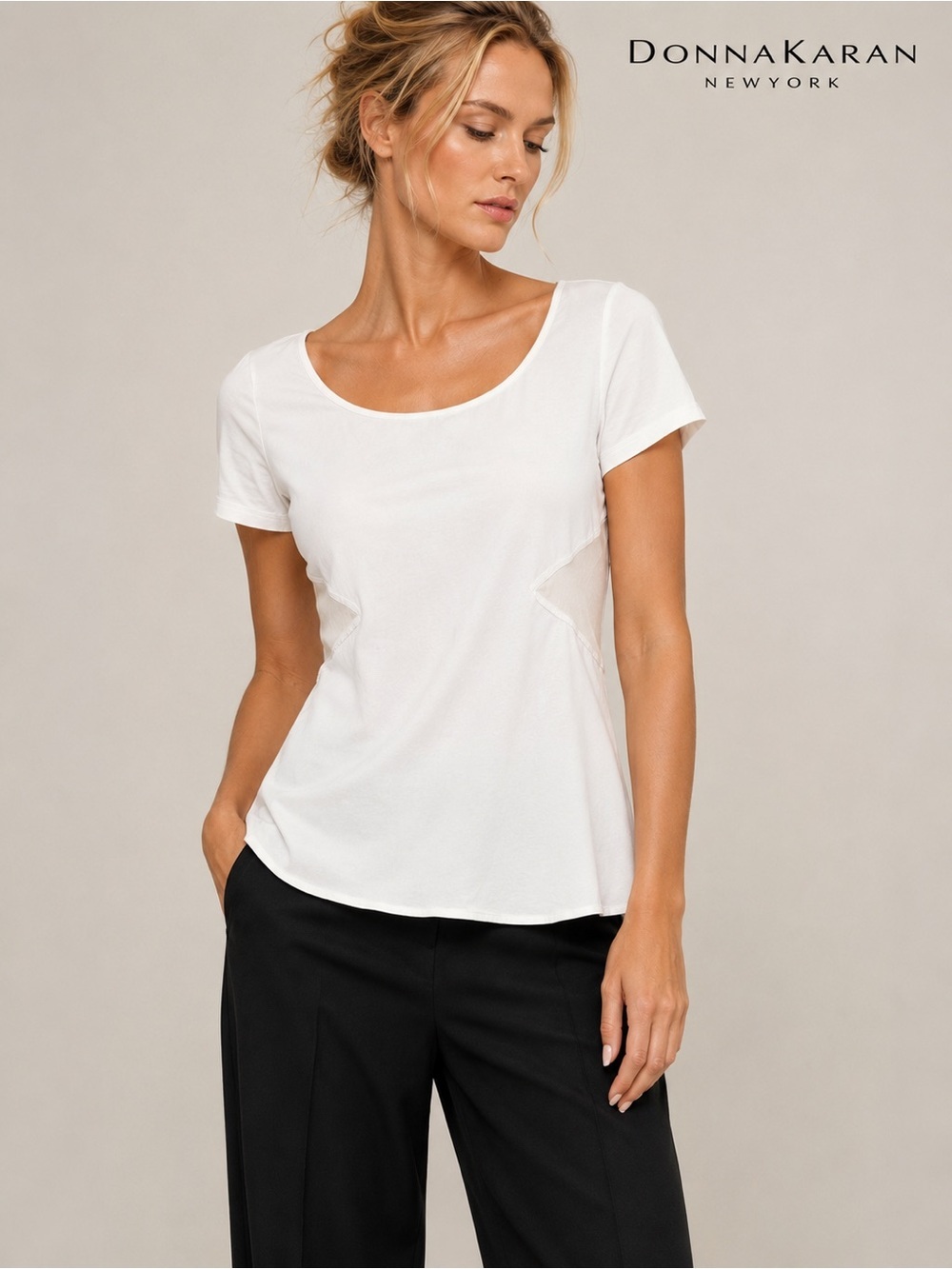 Donna Karan White Scoop Neck Short Sleeve Tee with Subtle Side Detailing